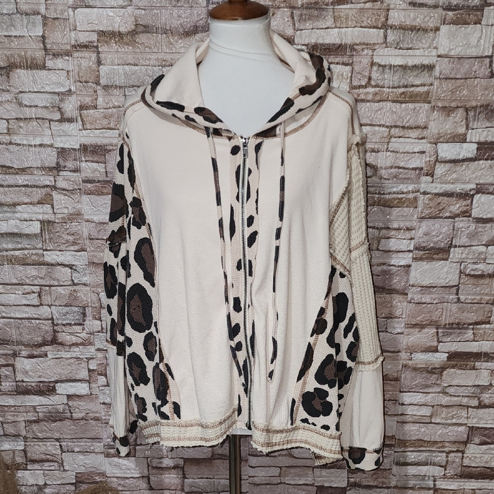 POL  Leopard Print  Full Zip Hooded Sweatshirt  Jacket